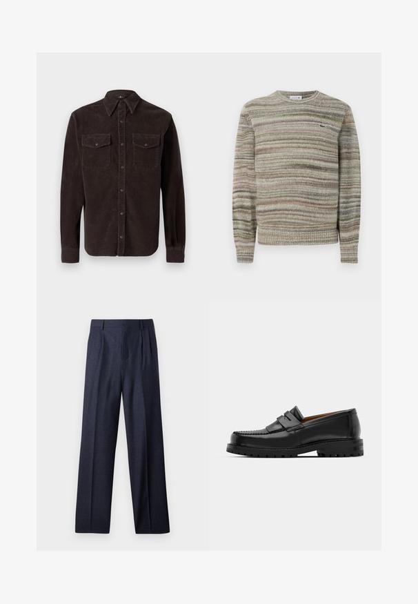 Striped sweater in shades of gray, green, and pink. Designed with a crew neck, long sleeves, and a textured knit fabric. Features a small logo.; Brown corduroy shirt featuring a classic collar, long sleeves, two chest pockets with button closure, and textured fabric.; Navy wool trousers with a tailored fit, featuring pleated front and wide legs. Smooth texture and clean lines, suitable for formal occasions.; Black leather loafers feature a raised seam, two decorative straps on the upper, and a thick textured sole for added grip.