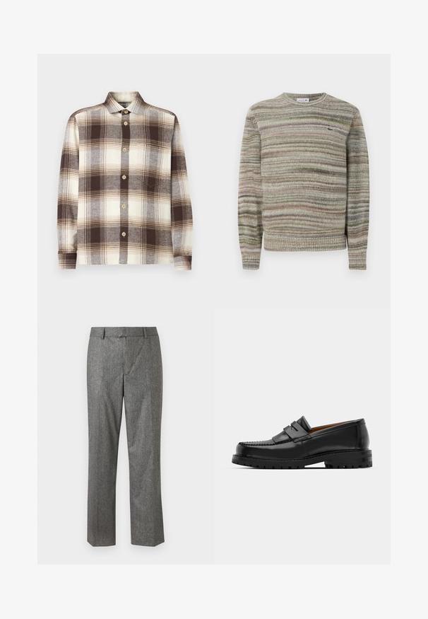 Gestreifter Pullover in Grautönen, Grün und Pink. Entworfen mit Rundhalsausschnitt, langen Ärmeln und einem strukturierten Strickstoff. Verfügt über ein kleines Logo.; Braun- und cremefarbener karierter Hemd mit Knopfverschluss, langen Ärmeln und aus einem weichen Stoff gefertigt; verfügt über einen Kentkragen und helle Holzknöpfe.; Graue maßgeschneiderte Hose aus einem strukturierten Stoff, gerade Passform, mit Fronttaschen und flachem Bund. Keine sichtbaren Verschlüsse.; Schwarze Lederloafer verfügen über eine erhöhte Naht, zwei dekorative Riemen im oberen Bereich und eine dicke, strukturierte Sohle für zusätzlichen Halt.