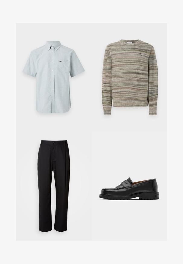 Pruhovaný svetr v odstínech šedé, zelené a růžové. Navržen s kulatým výstřihem, dlouhými rukávy a strukturovanou pleteninou. Obsahuje malé logo.; Košile na knoflíky s krátkým rukávem ve světle modré tkanině, s vypouklým límcem, přední kapsou a malým ikonickým logem na hrudi.; Černé kalhoty s rovnými nohavicemi, vyrobené z lehké tkaniny. Mají přední zapínání na knoflík a dvě boční kapsy; hladká textura.; Černé kožené mokasíny mají zvýšený šev, dvě dekorativní pásky na svršku a silnou strukturovanou podrážku pro lepší přilnavost.