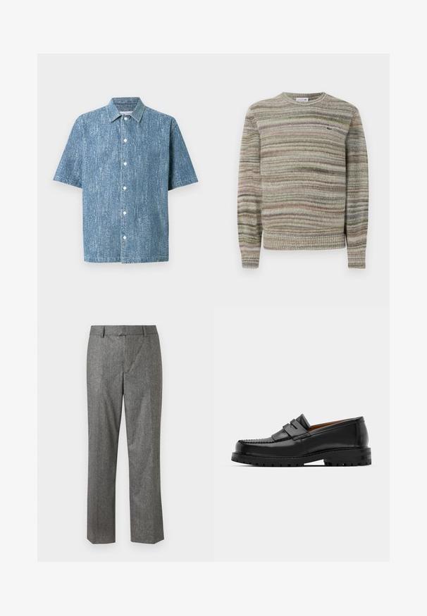 Sweter w paski w odcieniach szarości, zieleni i różu. Zaprojektowany z okrągłym dekoltem, długimi rękawami i teksturowanym materiałem dzianinowym. Posiada małe logo.; Koszula z krótkim rękawem na guziki z niebieskiego denimu o fakturowanej powierzchni, z klasycznym kołnierzem i białymi guzikami.; Szare dopasowane spodnie w teksturowanej tkaninie, o prostym kroju nogawki, z przednimi kieszeniami i płaskim pasem. Bez widocznych zapięć.; Czarne skórzane mokasyny mają wyraźny szew, dwa dekoracyjne paski na górze oraz grubą, teksturowaną podeszwę dla lepszej przyczepności.