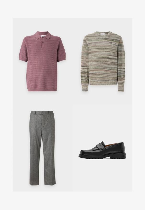 Striped sweater in shades of gray, green, and pink. Designed with a crew neck, long sleeves, and a textured knit fabric. Features a small logo.; Short-sleeve polo shirt in mauve with a textured zigzag pattern, a pointed collar, and two buttons on the placket. Soft knit material.; Gray tailored trousers in a textured fabric, straight-leg design, with front pockets and a flat front waistband. No visible fasteners.; Black leather loafers feature a raised seam, two decorative straps on the upper, and a thick textured sole for added grip.