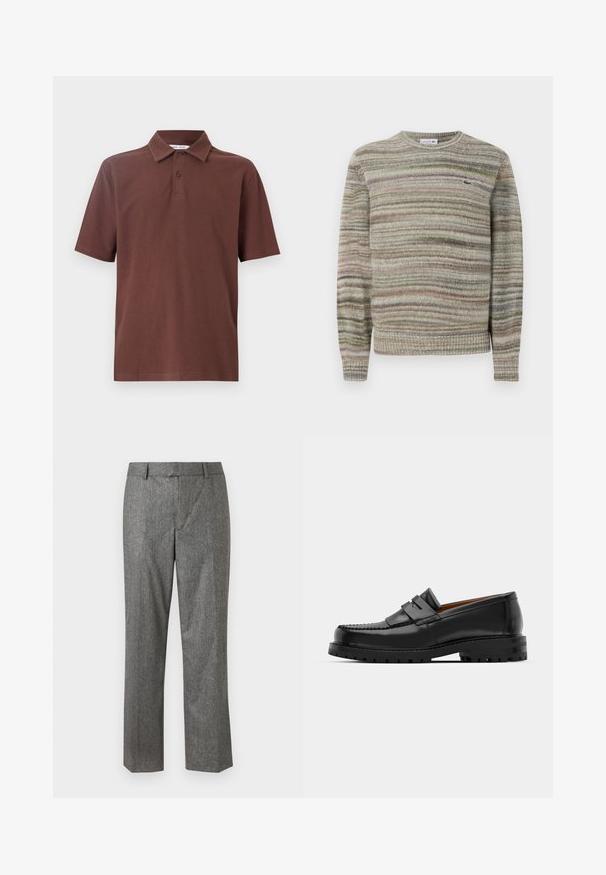 Pruhovaný sveter v odtieňoch šedej, zelenej a ružovej. Navrhnutý s okrúhlym výstrihom, dlhými rukávmi a textúrovanou pleteninou. Obsahuje malé logo.; Hnedé polo tričko vyrobené z priedušného materiálu, s klasickým golierom a s tri gombíkmi na zapínanie, s jemným logom na hrudi.; Šedé priliehavé nohavice z textúrovanej látky, s rovnými nohavicami, prednými vreckami a plochým pásom. Bez viditeľných zapínaní.; Čierne kožené mokasíny majú vystúpený šev, dve dekoratívne pásky na vrchu a hrubú textúrovanú podrážku pre lepšiu priľnavosť.