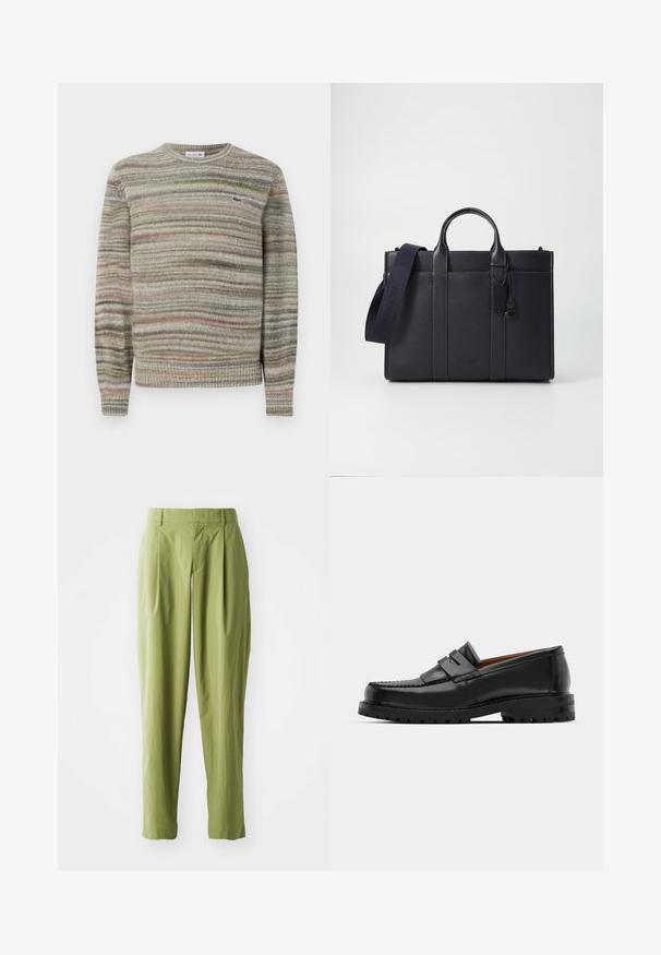 Striped sweater in shades of gray, green, and pink. Designed with a crew neck, long sleeves, and a textured knit fabric. Features a small logo.; Light green trousers made of a textured fabric, featuring a straight shape, pleats at the front, and a standard waistband.; Black leather loafers feature a raised seam, two decorative straps on the upper, and a thick textured sole for added grip.; Dark navy leather briefcase with dual top handles and a detachable strap. Features textured finish, vertical stitching, and logo detail.