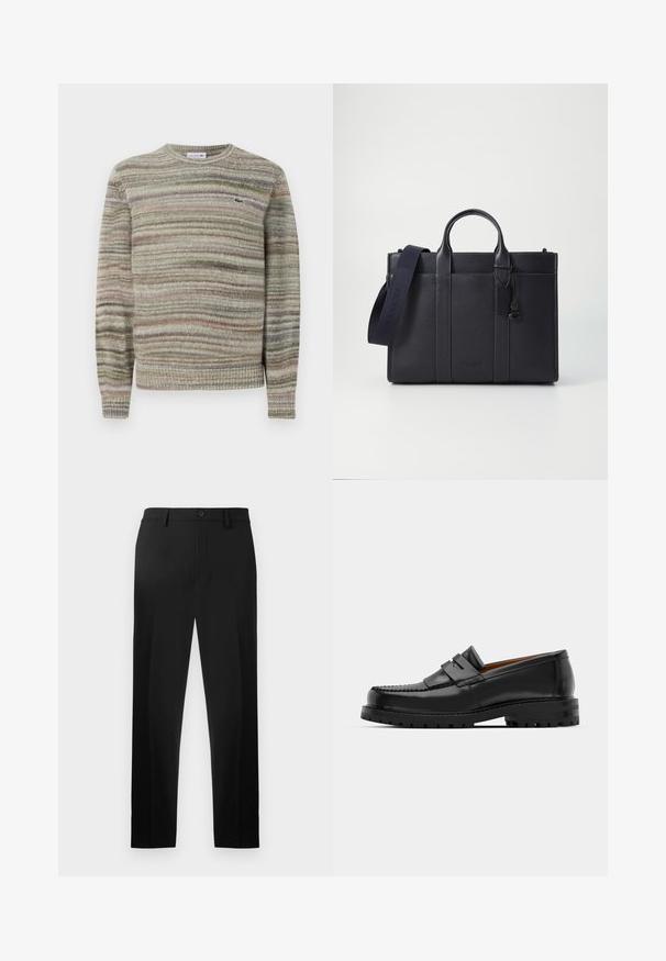 Maglione a righe in tonalità di grigio, verde e rosa. Design con scollo rotondo, maniche lunghe e tessuto lavorato a maglia. Presenta un piccolo logo.; Pantaloni neri in tessuto liscio, con design a gamba dritta, pieghe frontali e chiusura con bottone in vita.; I mocassini in pelle nera presentano una cucitura sollevata, due fasce decorative sulla parte superiore e una suola spessa e texture per una maggiore aderenza.; Cartella in pelle blu scuro con doppio manico superiore e tracolla removibile. Presenta una finitura texturizzata, cuciture verticali e dettaglio del logo.