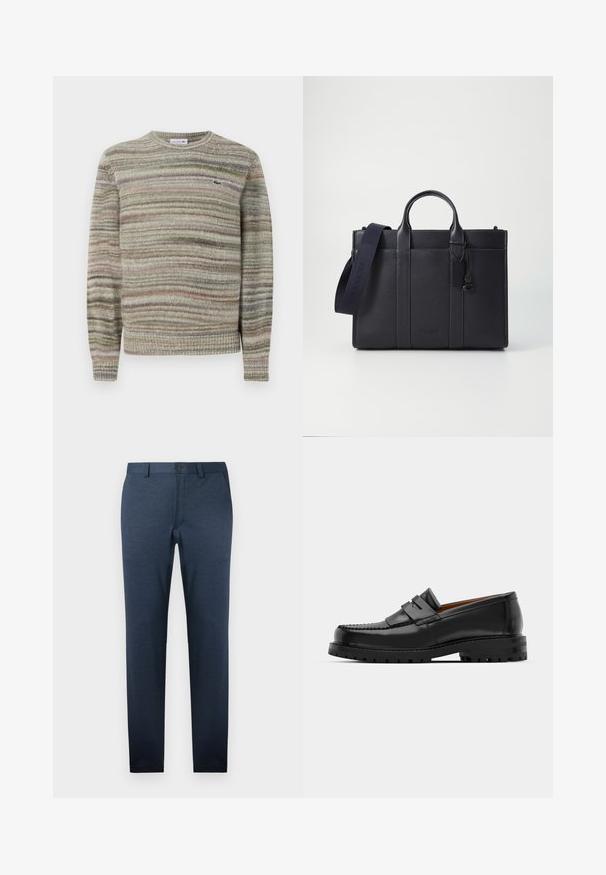 Rö stripes seljas halli, rohelise ja roosa värviga. Kujundatud ümmarguse kaelusega, pikad varrukad ja tekstuuriga kudum. Omab väikest logo.; Tumedat sinised püksid, millel on tekstureeritud kangas, kitsas lõige, lapik esiosa ja üks nupukinnitus vöökohal.; Mustad mustad nahast kingad on varustatud tõstetud õmblusega, kahe dekoratiivse rihmaga peal, ja paksu tekstuuriga tallaga paremaks haardeks.; Tumedat mere nahkbriefcase kahekordsete ülemiste käepidemetega ja eemaldatava rihmaga. Omab tekstureeritud viimistlust, vertikaalset õmblust ja logodetaili.