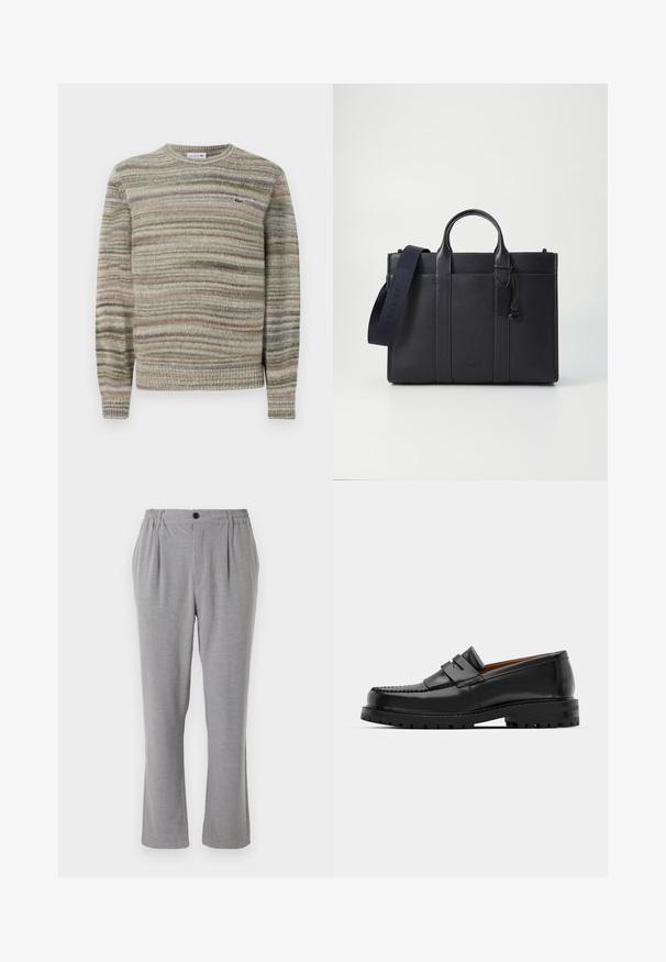 Stribet sweater i nuancer af grå, grøn og pink. Designet med rund hals, lange ærmer og et struktureret strikstof. Har et lille logo.; Grå bukser med et tekstureret stof, der har en knaplukning og elastisk talje. Lige ben-design med sidelæg.; Sorte læder loafers har en forhøjet søm, to dekorative remme på overdelen og en tyk struktureret sål for bedre greb.; Mørkeblå læderaktet med dobbelte topgreb og en aftagelig rem. Har tekstureret overflade, lodret syning og logodetalje.