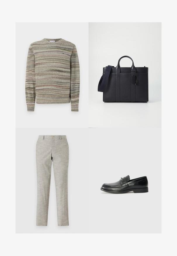 Rö stripes seljas halli, rohelise ja roosa värviga. Kujundatud ümmarguse kaelusega, pikad varrukad ja tekstuuriga kudum. Omab väikest logo.; Heledad hallid püksid, millel on tekstureeritud kangas, lamedate esiosadega, lukuga ja ühe nupuga kinnitamine. Viimistletud kitsas lõige sirgete jalgadega.; Mustad nahast loafers, millel on ümar nina, kokku õmmeldud disain, väike eesmine rihm varustuse detailidega ja lame kummitald.; Tumedat mere nahkbriefcase kahekordsete ülemiste käepidemetega ja eemaldatava rihmaga. Omab tekstureeritud viimistlust, vertikaalset õmblust ja logodetaili.