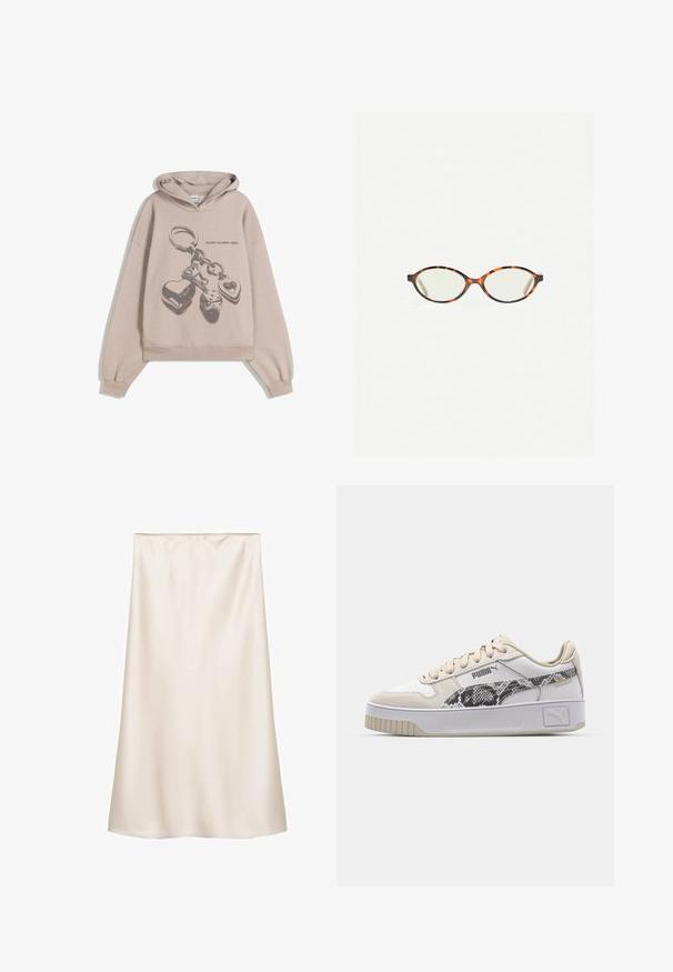 Preveliki bež dukserica s grafikom privjeska sa srcima i kockicama. Tkanina izgleda mekano s teksturiranom površinom.; Satin midi suknja u boji slonovače, ravnog kroja s elastičnom waistbandom, glatke teksture, bez vidljivih uzoraka ili detalja.; Bijele kožne tenisice s teksturiranim akcentom u uzorku zmije, bež vezicama i sivi potplat. Imaju logo sa strane i uzorkovano detaljisanje.; Naočale u boji kornjače s ovalnim staklima i elegantnim, glatkim završetkom. Imaju tanke strane s suptilnom krivuljom na sljepoočnicama. Prozirna stakla.