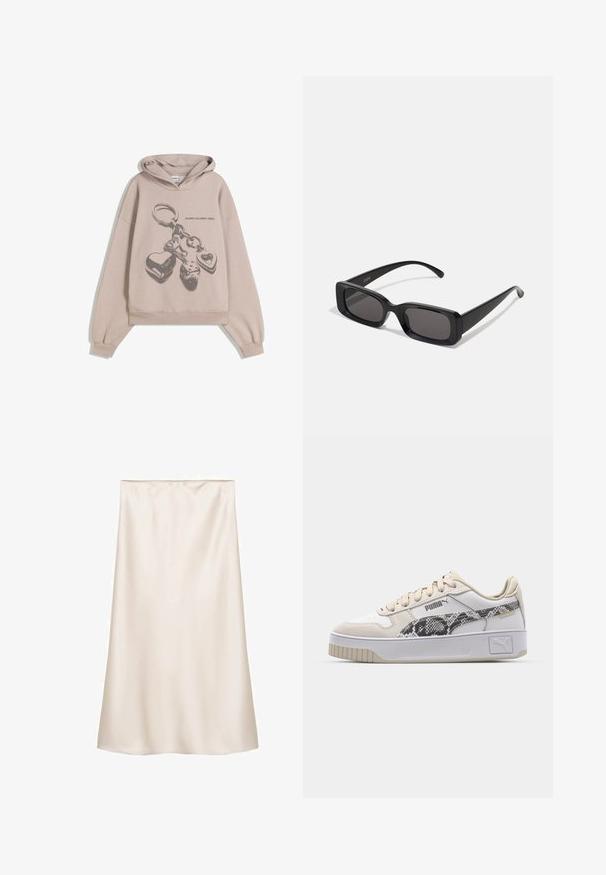Oversized beige hoodie featuring a graphic of a keychain with hearts and dice. Fabric appears soft with a textured finish.; Satin midi skirt in off-white, straight cut with an elastic waistband, smooth texture, and no visible patterns or accents.; White leather sneakers with a textured snake print accent, beige laces, and grey outsole. Features logo on the side and patterned detailing.; Black rectangular sunglasses with dark lenses, glossy finish, wide arms, and a chunky frame design. Engraved brand name on one arm.