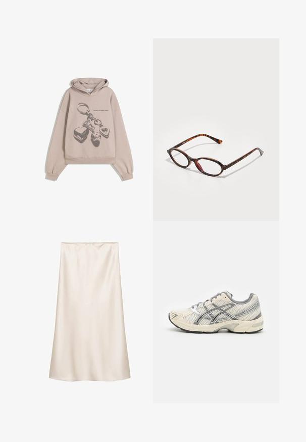 Overdimensioneret beige hoodie med et grafik af en nøglekan med hjerter og terninger. Stoffet ser blødt ud med en tekstureret overflade.; Satin midi nederdel i off-white, lige snit med elastisk talje, glat tekstur og uden synlige mønstre eller detaljer.; Løbesko med en åndbar hvid mesh-overdel, sølvdetaljer, grå snørebånd og en holdbar sort gummisål. Letvægts, polstret design.; Skildpaddedesign solbriller med ovale linser, der har en mørk ramme med lyse og mørke brune mønstre samt slanke, buede stænger.