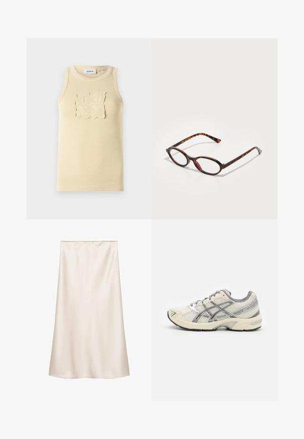 Felpa oversize beige con una grafica di un portachiavi decorato con cuori e dadi. Il tessuto sembra morbido con una finitura testurizzata.; Top a senza maniche beige a coste con un design a patch quadrato testurizzato sul petto e un collo rotondo.; Gonna midi in satin bianco sporco, taglio dritto con vita elastica, texture liscia e senza motivi o dettagli visibili.; Scarpe da corsa con tomaia in rete bianca traspirante, dettagli argentati, lacci grigi e suola in gomma nera resistente. Design leggero e ammortizzato.; Occhiali da sole tartarugati con lenti ovale, caratterizzati da una montatura scura con motivi marroni chiari e scuri, e aste sottili e curate.; Borsa con stampa leopardata, con accessori dorati, manici rotondi e chiusura con zip. Presenta un piccolo accento a forma di lucchetto e una superficie strutturata.