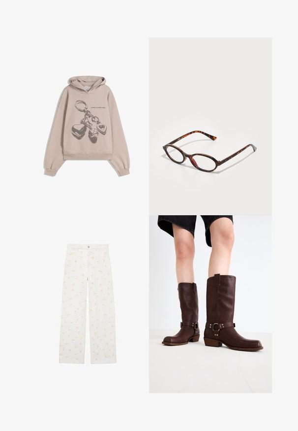 Overdimensioneret beige hoodie med et grafik af en nøglekan med hjerter og terninger. Stoffet ser blødt ud med en tekstureret overflade.; Hvide bredde bukser lavet af denim med et gennemgående lys orange blomsterdesign og forlommer. Knapper i taljen til lukning.; Brune læder knæhøje støvler med rund tå, struktureret overflade, ankelrem og sølvhardware detaljer; stablet hæl.; Skildpaddedesign solbriller med ovale linser, der har en mørk ramme med lyse og mørke brune mønstre samt slanke, buede stænger.; Løveprint håndtaske med guldfarvet hardware, runde hanke og lynlåslukning. Har et lille hængelåsdetalje og tekstureret overflade.