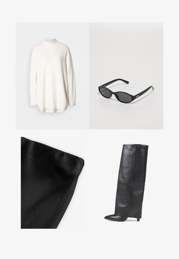 Pulover alb tricotat, cu guler înalt striat, umeri căzuți și fante laterale la tiv. Confecționat dintr-un material moale, texturat.; Material textil negru cu o textură netedă, având o margine pliată. Materialul prezintă o ușoară strălucire și o suprafață uniformă, fără modele sau accente.; Bronx JADEY - Cizme - black; Ochelari de soare negri cu lentile rotunde, cadru din plastic lucios și logo-ul "QUAY" aurit pe margine. Au lentile întunecate.