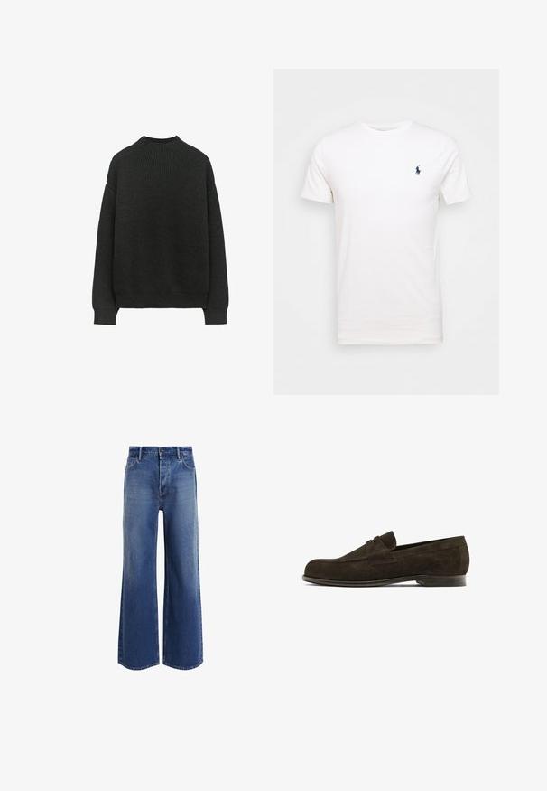 Dark gray ribbed knit sweater with long sleeves and a round neckline. Features a relaxed fit and textured fabric.; White cotton t-shirt with a crew neck. Features a small dark blue logo on the left chest. Short sleeves, smooth texture.; High-waisted wide-leg jeans in medium blue denim, featuring a classic five-pocket design, light fading, and frayed hem details.; Brown suede loafer with a rounded toe, featuring a decorative strap across the upper, and a low leather heel. Smooth texture and minimal design.