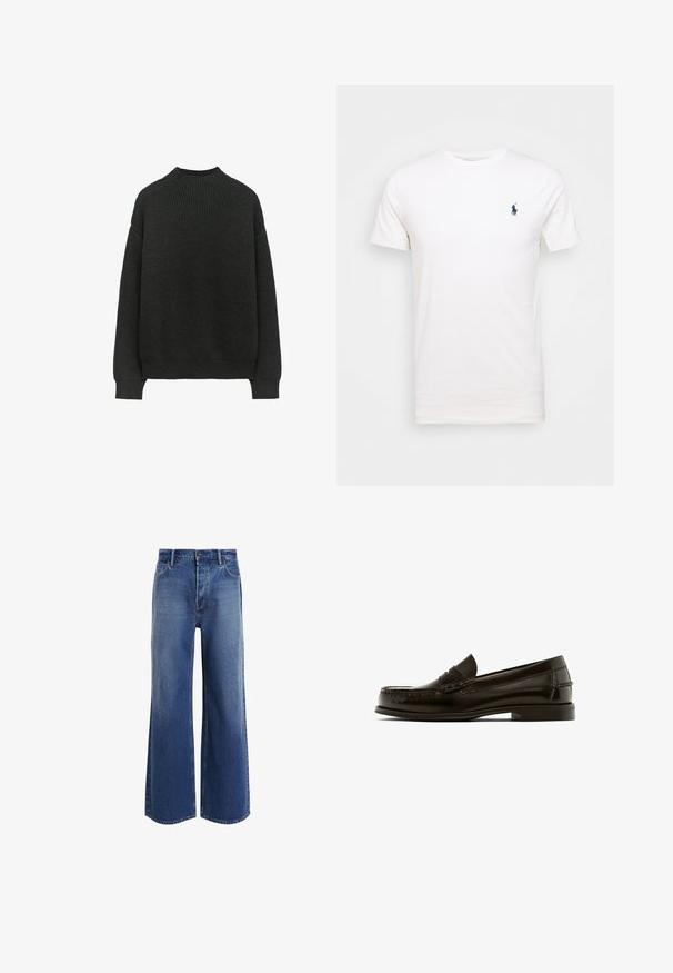 Dark gray ribbed knit sweater with long sleeves and a round neckline. Features a relaxed fit and textured fabric.; White cotton t-shirt with a crew neck. Features a small dark blue logo on the left chest. Short sleeves, smooth texture.; High-waisted wide-leg jeans in medium blue denim, featuring a classic five-pocket design, light fading, and frayed hem details.; Brown leather loafer with rounded toe, decorative stitching, and a low heel. Smooth texture with minimal hardware and classic design.