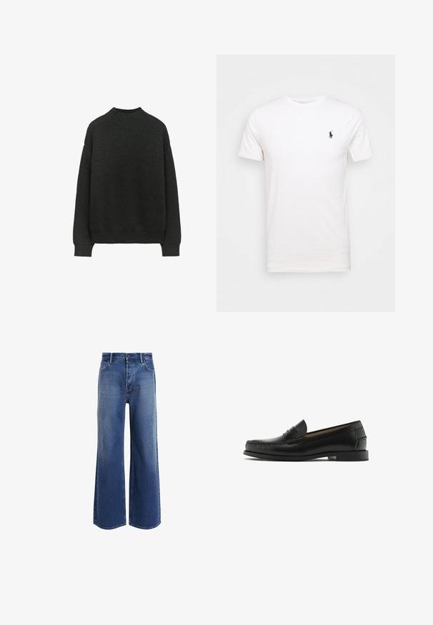 Donkergrijze geribbelde gebreide trui met lange mouwen en een ronde halslijn. Heeft een losse pasvorm en een gestructureerde stof.; Witte katoenen t-shirt met een ronde hals. Heeft een klein donkerblauw logo op de linkerborst. Korte mouwen, soepele textuur.; Hoge taille wijde jeans van middelblauwe denim, met een klassiek vijf-pocket ontwerp, lichte vervaging en rafelige zoomdetails.; Zwarte leren instappers met gestikte details, een ronde neus en een kleine blokhak. Glad textuur met een minimalistisch ontwerp en een instapstijl.