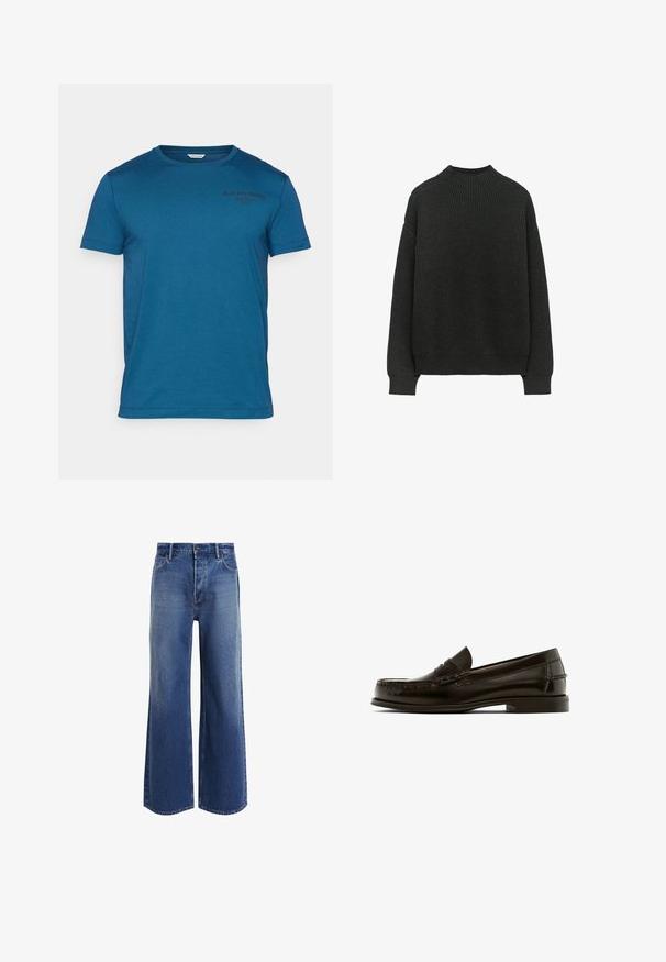 Maglione a costine grigio scuro con maniche lunghe e scollatura tonda. Presenta una vestibilità rilassata e un tessuto texture.; T-shirt di cotone blu con maniche corte, scollo rotondo e un piccolo logo nero del brand stampato nella parte sinistra del petto.; Jeans a gamba larga a vita alta in denim blu medio, caratterizzati da un classico design a cinque tasche, leggere scoloriture e dettagli con orlo sfilacciato.; Mocassino in pelle marrone con punta arrotondata, cuciture decorative e tacco basso. Texture liscia con minimal hardware e design classico.