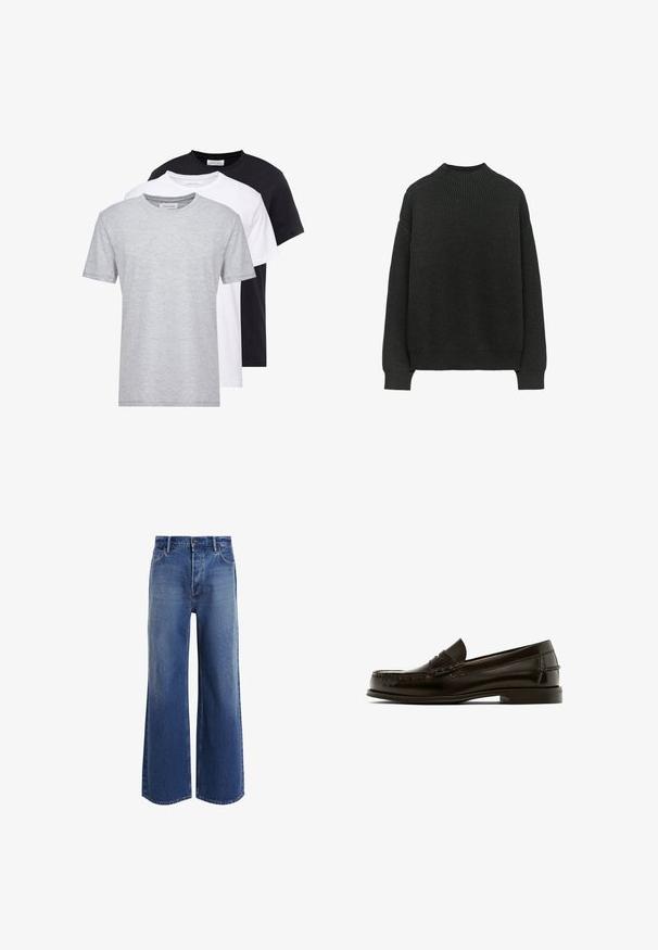 Maglione a costine grigio scuro con maniche lunghe e scollatura tonda. Presenta una vestibilità rilassata e un tessuto texture.; Tre T-shirt girocollo in grigio, bianco e nero, con maniche corte, una texture morbida e un design a taglio dritto.; Jeans a gamba larga a vita alta in denim blu medio, caratterizzati da un classico design a cinque tasche, leggere scoloriture e dettagli con orlo sfilacciato.; Mocassino in pelle marrone con punta arrotondata, cuciture decorative e tacco basso. Texture liscia con minimal hardware e design classico.