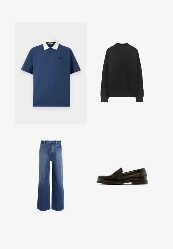 Czarnoszary sweter z prążkowanej dzianiny z długimi rękawami i okrągłym dekoltem. Charakteryzuje się luźnym krojem oraz teksturowanym materiałem.; Granatowa koszulka polo z białym kołnierzykiem, krótkimi rękawami, zapięciem na dwa guziki oraz małym czarnym logo na piersi. Miękka faktura materiału.; Jeans z wysokim stanem i szerokimi nogawkami w średnim niebieskim deni, z klasycznym pięcioch kapowym wzorem, lekkim wyblaknięciem i postrzępionymi detalami u dołu.; Brązowe skórzane loafersy z zaokrąglonym noskiem, dekoracyjnym przeszyciem i niskim obcasem. Gładka tekstura z minimalną ilością sprzętu i klasyczny design.