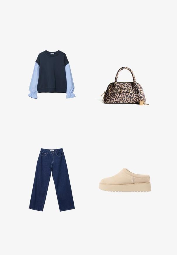 Námorně modrý svetr s světle modrými balónovými rukávy. Má kulatý výstřih a elastické manžety. Vyrobeno z měkké a pohodlné tkaniny.; Široké tmavě modré džíny z denimu s knoflíkovým zapínáním, pěti kapsami a kontrastním bílým šitím. Tkanina má hladký, mírně texturovaný povrch.; Krémové semišové boty na klínku s kulatou špičkou a silnou, texturovanou podrážkou. Vyznačují se minimálním šitím a měkkým designem.; Kabelka s leopardím potiskem, zlatými detaily, zaoblenými rukojeťmi a zipovým uzávěrem. Obsahuje malý akcent ve tvaru zámku a texturovaný povrch.