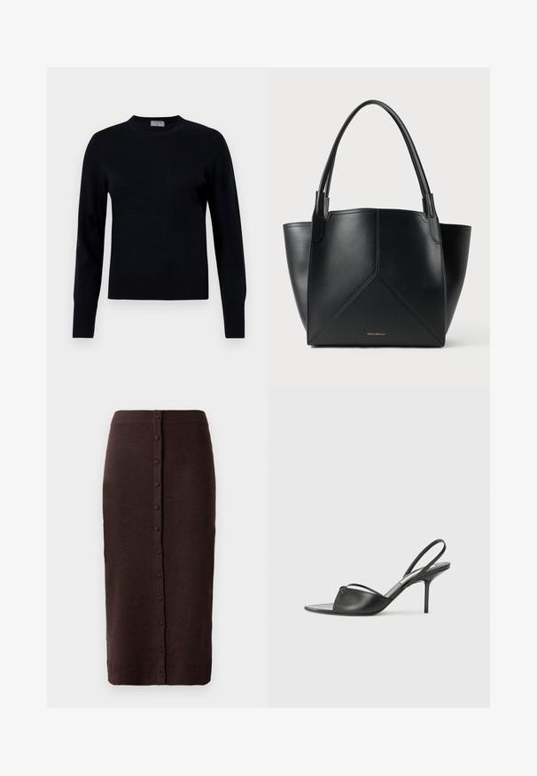 Juodas megztinis su apykakle ir ilgomis rankovėmis. Turi lygų paviršių ir veliūrines rankogalius, siūlo klasiką atitinkantį siluetą ir dizainą.; Ruda megzta sijonas su griūvančia juosta ir tiesiu pjūviu. Yra centrinė sagų juostos detalė, einanti per visą nugaros ilgį.; Juodos odinės slingback aukštakulnės bateliai su smailiu priekiniu galu, plona kulkšnies juostele ir stiletto kulnu. Papuošti mazginio detalė vampyro dalyje.; Juodas odinis nešiojimo krepšys su geometriniu dizainu, turintis dvi rankenas ir auksinį prekės ženklą priekyje. Lygus paviršius ir struktūrizuota forma.