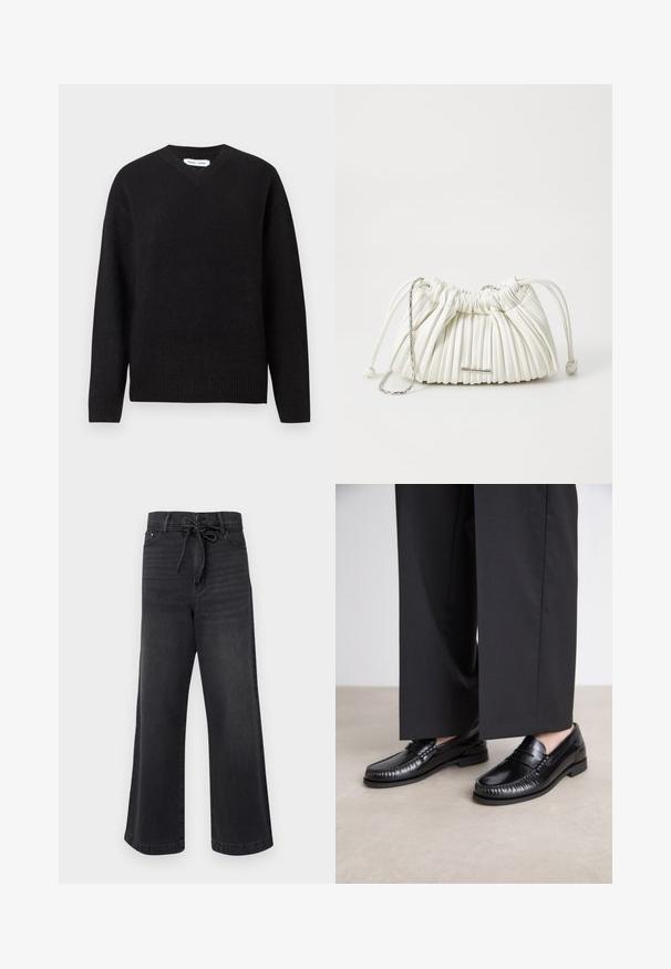 Black v-neck sweater in a soft, wool blend, featuring long sleeves and ribbed cuffs and hem. Simple, classic design without patterns or accents.; DAY Birger et Mikkelsen ELIJAH - Wide Leg - black; Black leather loafers with a smooth finish, stitched detailing around the toe, and a low rubber sole. Paired with wide black trousers.; White pleated handbag made of soft material. Features drawstring closure, braided handles, and a silver-tone hardware accent.