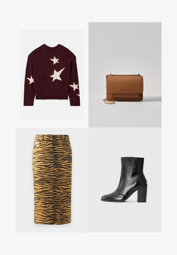 Burgundska pulover s crewneck ovratnikom, ki na sprednji strani in rokavih prikazuje pet nepravilnih belih zvezd različnih velikosti.; Krilo z leopardjim vzorcem, ki ima zlato ozadje s črnimi vzorci. Narejeno iz denima, ima ravno silhueto in vključuje žep.; Črne usnjene gležnarske čevlje z gladko teksturo, koničastim nosom in debelim visokim petam. Imajo stransko odprtino in minimalističen dizajn.; Rjava teksturirana usnjena torba čez ramo z zlatim verižnim trakom in zapiranjem na pokrov. Spredaj je vidna podrobnost logotipa in žep pod pokrovom.