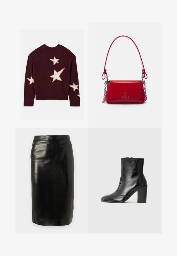 Pull marin encolure ras du cou avec cinq étoiles blanches irrégulières de tailles variées sur le devant et les manches.; Jupe crayon en cuir noir avec un design ajusté, une texture lisse et une silhouette épurée, sans embellissements ni motifs visibles.; Bottine en cuir noir, avec une texture lisse, un bout pointu et un talon chunky haut. Présente une ouverture sur le côté et un design minimaliste.; Sac à main en cuir verni rouge avec des accents en chaîne argentée, une courte poignée et un emblème décoratif à l'avant. Forme rectangulaire compacte.