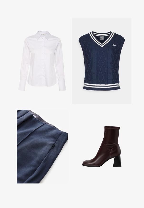 Marineblauer gestrickter ärmelloser Pullover mit V-Ausschnitt, ausgestattet mit Kabelstrickmuster, weißen Streifenakzenten am Kragen und Saum sowie "Guess"-Logo.; Weißes Langarmhemd mit klassischem Kragen, Knopfverschluss und geradem Saum. Hergestellt aus glattem Stoff mit schlichtem Design.; Marineblaue Hose aus strukturiertem Stoff, mit einer Seitentasche mit Reißverschluss und gefälteltem Detail am Bund.; Stradivarius BLOCK - Stiefelette - dark red