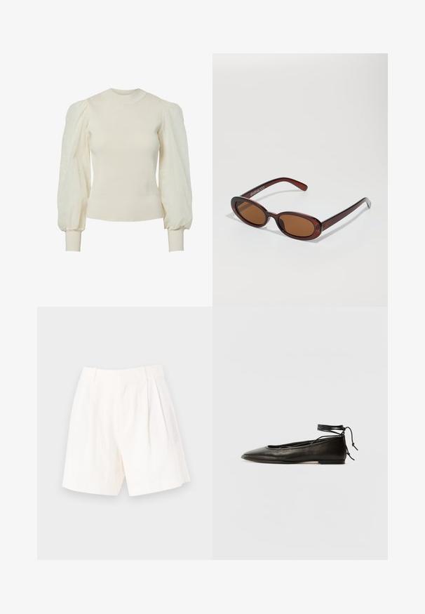 Pulover de culoarea crem cu corp cu dantelă și mâneci transparente și bufante. Manșete strâmte și decolteu rotund. Material texturat cu model floral pe mâneci.; Shorts albe din in cu o croială ajustată, prezentând detalii plisate, o textură netedă și un tiv curat, drept.; Balerini din piele neagră, cu vârf ascuțit, șnur pentru glezna și talpă plată, având o textură netedă și un design minimalist.; Ochelari de soare rotunzi, cu nuanțe de brown și cu un cadru lucios de burgund. Brațe subțiri cu detalii subtile de branding. Design cu lentile plate.