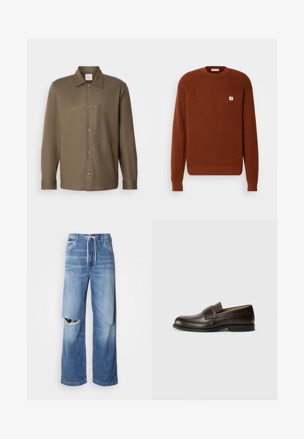 Barna kötött pulóver bordás textúrával, kerek nyakkal és egy kis logóval az elején. Hosszú ujjú és laza fazonú.; Barna gombos ing, gallérral, hosszú ujjakkal, mellzsebbel és sima textúrával. Szürke gombok találhatók az elején.; Világoskék farmernadrág laza szabással, fehér húzózsinóros derékpánttal, a elején jellegzetes szakításokkal, amelyeken cérnával szelektált szélek láthatók.; Calvin Klein Belebújós cipők - cocoa brown