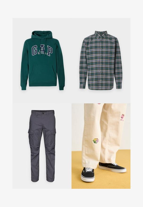 Tmavě zelená mikina s kapucí vyrobená ze směsi bavlny, s velkým logem "G.A.P." v bílé a námořnické modři, přední klokaní kapsou a stahovací kapucí.; Zelená flanelová košile s kostkovaným vzorem, která obsahuje modré, bílé a hořčičně žluté pruhy. Zapínání na knoflíky a špičatý límec. Dlouhé rukávy.; Šedé cargo kalhoty s rovný střihem, vyrobené z lehké tkaniny, s bočními kapsami a zapínáním na knoflík v pase.; Béžové bavlněné kalhoty s hravými vyšívanými vzory, včetně růžové postavičky a barevného bloku, v kombinaci s černými šněrovacími teniskami.