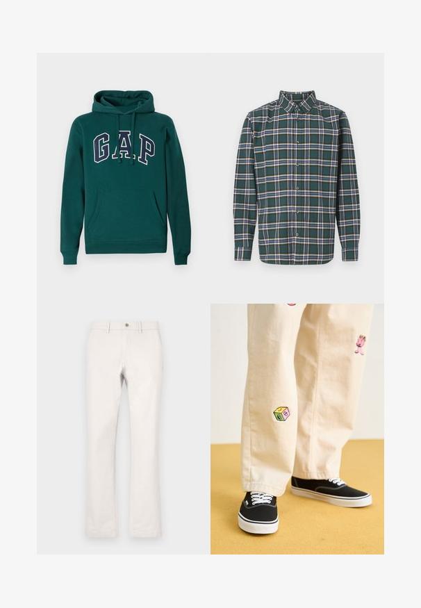 Tume roheline kapuutsiga dressipluus, mis on valmistatud puuvillasegistusest, esitades suurt "G.A.P." logo valge ja mereväe sinise värviga, ees kangaroo tasku ja reguleeritav kapuuts.; Roheline flanellsärk, millel on ruuduline muster, sisaldades siniseid, valgeid ja sinepikollaseid jooni. Nööbitav esiosa ja terav krae. Pikad varrukad.; Heledad beezid püksid, mis on valmistatud puuvillast. Omavad sirgeid sääri, nupuga sulgemist ja küljetaskuid funktsionaalsuse jaoks. Ühtlane tekstuur kogu ulatuses.; Bežistestased püksid, millel on mängulised tikandid, sealhulgas roosa tegelane ja värvikad plokid, koos mustade nöörkingadega.