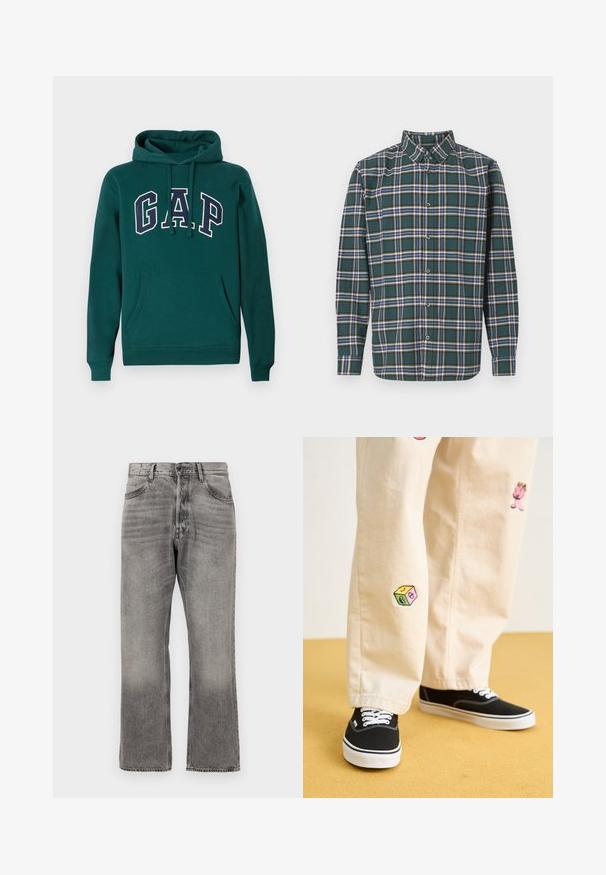 Moleton verde escuro feito de uma mistura de algodão, com um grande logotipo "G.A.P." em branco e azul-marinho, um bolso frontal tipo canguru e capuz com cordão.; Camisa de flanela verde com um padrão de xadrez apresentando linhas azuis, brancas e mostarda. Frente com botões e colarinho pontudo. Mangas compridas.; Jeans de denim cinza com um acabamento ligeiramente desbotado, design de perna reta, estilo de cinco bolsos padrão e um fecho clássico com zipper.; Calças de algodão bege com desenhos bordados divertidos, incluindo uma personagem rosa e um bloco colorido, combinadas com sapatilhas pretas de atacadores.