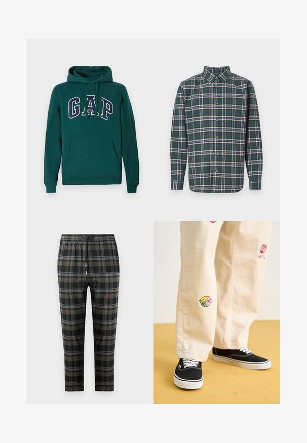 Sweat à capuche vert foncé en mélange de coton, arborant un grand logo "G.A.P." en blanc et marine, une poche kangourou à l'avant et un cordon de serrage pour la capuche.; Chemise en flanelle verte avec un motif à carreaux comportant des lignes bleues, blanches et moutarde. Devant boutonné et col pointu. Manches longues.; Pantalons à carreaux noirs avec des motifs gris et vert olive. Dotés d'une taille élastique avec cordon de serrage et de jambes fuselées. Texture de tissu douce.; Pantalon en coton beige avec des motifs brodés ludiques, incluant un personnage rose et un bloc de couleur, associé à des baskets noires à lacets.