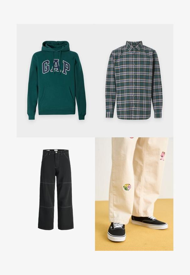 Donkergroene hoodie van een katoenmix, met een groot "G.A.P." logo in wit en marineblauw, een voorste kangoeroezak en een capuchon met trekkoord.; Groene flanellen shirt met een ruitpatroon met blauwe, witte en mosterdgele lijnen. Met knopen aan de voorkant en een puntige kraag. Lange mouwen.; Zwarte wijde broek gemaakt van duurzaam materiaal, met contrasterende witte stiksels, twee voorzakken en een sluiting met een enkele knoop bij de taille.; Beige katoenen broek met speelse geborduurde ontwerpen, waaronder een roze figuur en een gekleurd blok, gecombineerd met zwarte veterschoenen.