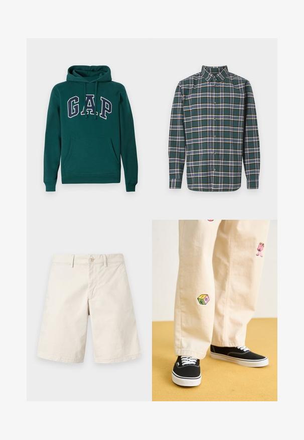 Felpa verde scuro in misto cotone, con un grande logo "G.A.P." in bianco e blu navy, tasca a marsupio frontale e cappuccio con coulisse.; Camicia di flanella verde con un motivo a quadri che presenta righe blu, bianche e giallo senape. Chiusura con bottoni e colletto punta. Maniche lunghe.; Pantaloni corte in cotone beige con taglio dritto, chiusura con un bottone, passanti per cintura e tasche laterali. Tessuto liscio, design semplice senza motivi.; Pantaloni di cotone beige con divertenti ricami che includono un personaggio rosa e un blocco colorato, abbinati a sneaker nere con lacci.