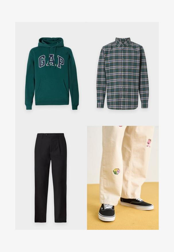 Donkergroene hoodie van een katoenmix, met een groot "G.A.P." logo in wit en marineblauw, een voorste kangoeroezak en een capuchon met trekkoord.; Groene flanellen shirt met een ruitpatroon met blauwe, witte en mosterdgele lijnen. Met knopen aan de voorkant en een puntige kraag. Lange mouwen.; Zwarte broek van gestructureerde stof, met een rechte pijp, voorplooien en een enkele knoopsluiting op de taille.; Beige katoenen broek met speelse geborduurde ontwerpen, waaronder een roze figuur en een gekleurd blok, gecombineerd met zwarte veterschoenen.
