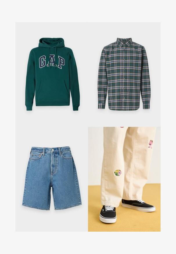 Tamsiai žalia medvilnės mišinio džemperis su dideliu "G.A.P." logotipu baltos ir tamsiai mėlynos spalvų, priekinė kengūros kišenė ir virvutė ant gobtuvo.; Žalias flanelinis marškinis, puoštas plaidiniu raštu su mėlynomis, baltomis ir garstyčių geltonumo linijomis. Mygtukais užsegama priekinė dalis ir smailas apykaklė. Ilgos rankovės.; Šviesiai mėlyni džinsiniai šortai su aukštu liemeniu, penkių kišenių dizainu, siuvinėtais kraštais ir metaliniu užsegimu. Textūra su klasikinio stiliaus apdaila.; Bežinės medvilninės kelnės su žaismingais siuvinėjimais, įskaitant rožinį personažą ir spalvotą bloką, derinamos su juodais bateliais su raišteliais.