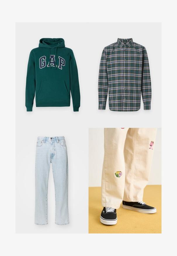 Tumši zaļš kapucis no kokvilnas maisījuma, ar lielu baltu un jūras zilu "G.A.P." logo, priekšējo kanguru kabatu un aukliņu kapuci.; Zaļš flaneļa krekls ar ietērpu, kurā ir zila, balta un sinepju dzeltena krāsa. Ar pogām aizdaram un uzgaļotām apkaklēm. Garas piedurknes.; Gai zils taisnais džinsus ar piecām kabatām, ar rāvējslēdzēja aizdari un pogu, un ar vieglu izbalēšanu audumā.; Beige kokvilnas bikses ar rotaļīgiem izšūtiem dizainiem, tostarp rozā raksturs un krāsains bloks, saskaņotas ar melniem kurpēm ar auklām.