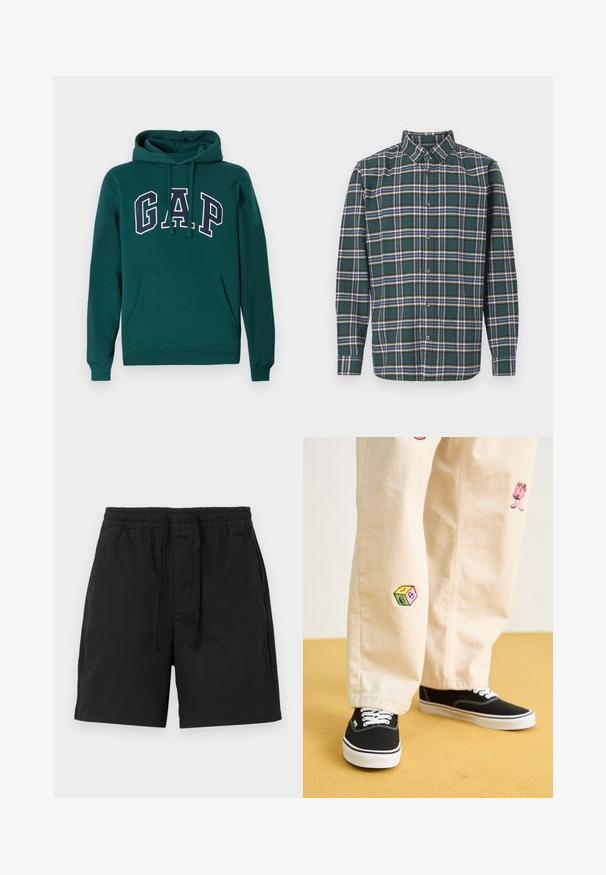 Temno zelena kapuca iz mešanice bombaža, z značilnim velikim logotipom "G.A.P." v beli in mornarsko modri barvi, sprednjim kenguru žepom in kapuco z vrvico.; Zeleni flanelast srajc s karirastim vzorcem, ki vsebuje modre, bele in gorčične rumene črte. Z gumbi zapnjen sprednji del in usmerjen ovratnik. Dolgi rokavi.; Črne kratke hlače z elastičnim pasom in vrvico. Narejene so iz lahkega materiala, imajo stranske žepe in preprost, klasičen dizajn.; Bežna bombažna hlače z igrivimi vezeninami, ki vključujejo roza lik in barvni blok, v kombinaciji s črnimi čipkastimi športnimi copati.