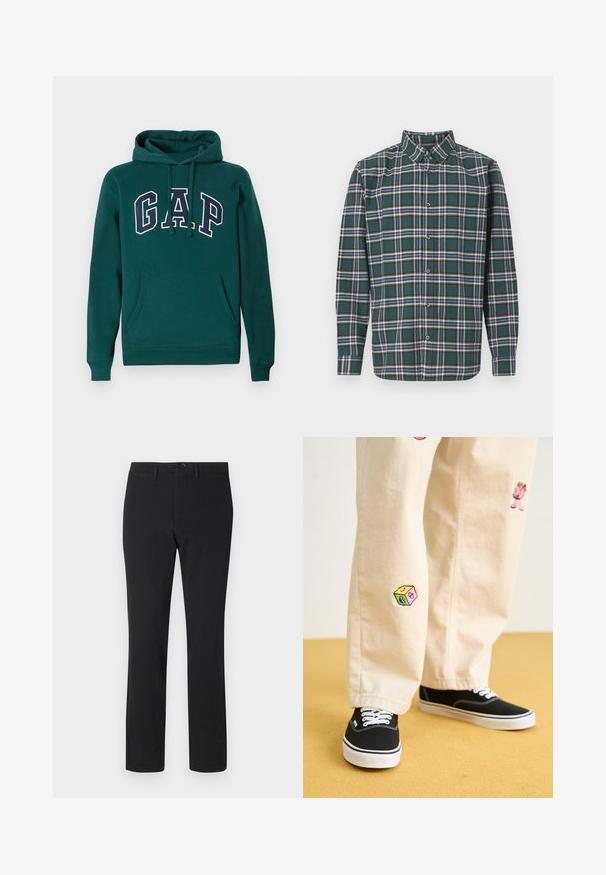 Sweat à capuche vert foncé en mélange de coton, arborant un grand logo "G.A.P." en blanc et marine, une poche kangourou à l'avant et un cordon de serrage pour la capuche.; Chemise en flanelle verte avec un motif à carreaux comportant des lignes bleues, blanches et moutarde. Devant boutonné et col pointu. Manches longues.; Pantalons noirs à jambe droite en tissu lisse. Présentent une fermeture à bouton sur le devant, des passants de ceinture et deux poches latérales.; Pantalon en coton beige avec des motifs brodés ludiques, incluant un personnage rose et un bloc de couleur, associé à des baskets noires à lacets.