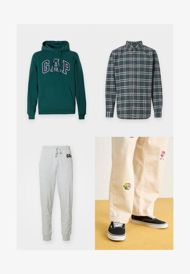 Ciemnozielona bluza z kapturem wykonana z mieszanki bawełny, z dużym logo "G.A.P." w białym i granatowym kolorze, przednią kieszenią kangurkową oraz sznurkiem do regulacji kaptura.; Zielona flanelowa koszula w kratę z niebieskimi, białymi i musztardowymi liniami. Zapięcie na guziki z przodu i spiczasty kołnierzyk. Długie rękawy.; GAP - Spodnie treningowe; Beżowe bawełniane spodnie z zabawnymi haftowanymi wzorami, w tym różową postacią i kolorowym blokiem, w połączeniu z czarnymi sznurowanymi sneakersami.