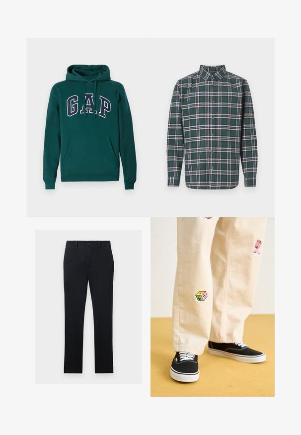 Tmavomodrá mikina z bavlneného zmesi, s veľkým logom "G.A.P." v bielej a námorníckej modrej farbe, prednou klokankou a kapucňou so šnúrkou.; Zelená flanelová košeľa s károvaným vzorom, ktorá obsahuje modré, biele a horčicovo žlté pruhy. Zapínanie na gombíky vpredu a špičatý golier. Dlhé rukávy.; Čierne nohavice z bavlnenej tkaniny, s rovnými nohavicami, predným zapínaním na gombík a dvoma bočnými vreckami. Hladká textúra, minimálne detaily.; Béžové bavlnené nohavice s hravými vyšívanými vzormi vrátane ružovej postavy a farebného bloku, skombinované s čiernymi šnurovacími teniskami.