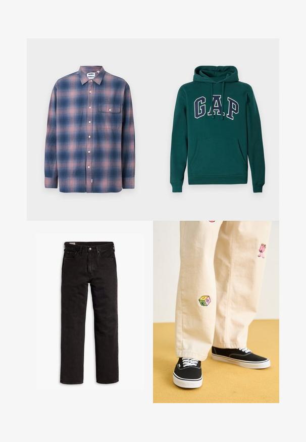 Temno zelena kapuca iz mešanice bombaža, z značilnim velikim logotipom "G.A.P." v beli in mornarsko modri barvi, sprednjim kenguru žepom in kapuco z vrvico.; Srajca s dolgimi rokavi v karo vzorcu v modri in roza barvi, izdelana iz mehkega materiala. Ima ovratnik na gumb, sprednji žep in bele gumbe.; Črne kavbojke ravnega kroja z žepi, gumbnim zapiranjem in zankami za pas, ležijo položene na belem ozadju.; Bežna bombažna hlače z igrivimi vezeninami, ki vključujejo roza lik in barvni blok, v kombinaciji s črnimi čipkastimi športnimi copati.