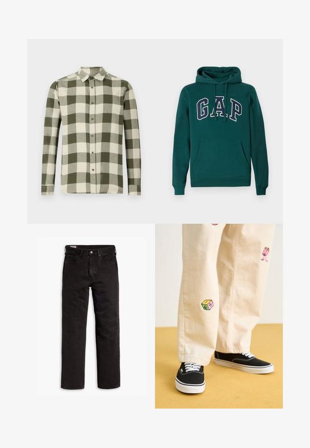 Tamsiai žalia medvilnės mišinio džemperis su dideliu "G.A.P." logotipu baltos ir tamsiai mėlynos spalvų, priekinė kengūros kišenė ir virvutė ant gobtuvo.; Ilgų rankovių marškiniai žaliai kreminiu languotu raštu, pagaminti iš lengvos medžiagos, su mygtukų užsegimu ir priekiu su mygtukais.; Juodos tiesios kojų džinsinės kelnės su penkiomis kišenėmis, mygtuko užsegimu ir diržo kilpomis, išdėstytos plokščiai ant balto fono.; Bežinės medvilninės kelnės su žaismingais siuvinėjimais, įskaitant rožinį personažą ir spalvotą bloką, derinamos su juodais bateliais su raišteliais.