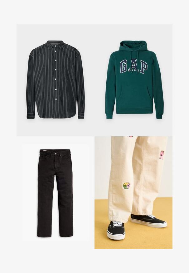 Donkergroene hoodie van een katoenmix, met een groot "G.A.P." logo in wit en marineblauw, een voorste kangoeroezak en een capuchon met trekkoord.; Zwarte lange mouwen button-up shirt met dunne witte verticale strepen, enkele borstzak, gladde stof en klassiek kraagontwerp.; Zwarte recht gesneden denim jeans met vijf zakken, knoopsluiting en riemlussen, plat gelegd op een witte achtergrond.; Beige katoenen broek met speelse geborduurde ontwerpen, waaronder een roze figuur en een gekleurd blok, gecombineerd met zwarte veterschoenen.