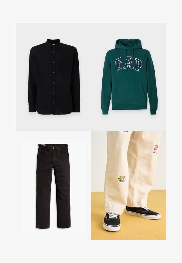 Dunkelgrüne Kapuzenjacke aus Baumwollmischung, mit einem großen "G.A.P."-Logo in Weiß und Marineblau, einer frontalen Kängurutasche und einer Kapuze mit Zugband.; Schwarzes Langarmhemd aus strukturiertem Stoff mit durchgehender Knopfleiste, einer einzigen Brusttasche und klassischem Kragen.; Schwarze gerade Jeans aus Denim mit fünf Taschen, Knopfverschluss und Gürtelschlaufen, flach auf einem weißen Hintergrund ausgelegt.; Beige Baumwollhosen mit verspielten, gestickten Motiven, darunter eine pinke Figur und bunte Blöcke, kombiniert mit schwarzen Schnürsneakern.