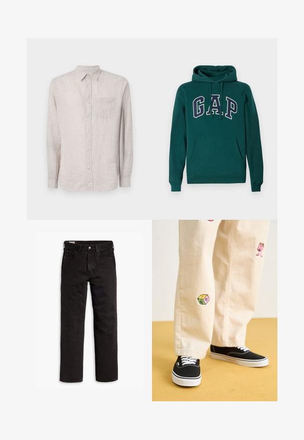 Hanorac de culoare verde închis, confecționat dintr-un amestec de bumbac, având un mare logo "G.A.P." în alb și bleumarin, un buzunar frontal tip marsupiu și glugă cu șnur.; GAP STANDARD - Cămașă - tonal khaki; Jeans din denim negri cu picior drept, cu cinci buzunare, închidere cu nasture și bucle pentru curea, așezați plat pe un fundal alb.; Pantaloni din bumbac bej cu modele brodate jucăușe, inclusiv un personaj roz și un bloc colorat, asortați cu teniși negri cu șireturi.