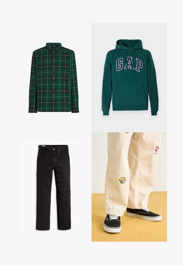 Tume roheline kapuutsiga dressipluus, mis on valmistatud puuvillasegistusest, esitades suurt "G.A.P." logo valge ja mereväe sinise värviga, ees kangaroo tasku ja reguleeritav kapuuts.; Roheline ruuduline särk nappide ja kraega, millel on kontrollitud muster ning ees taskud. Valmistatud pehmest kangast.; Mustad sirgedega teksapüksid viie taskuga, nööpidega kinnitamine ja vöökohaga, lamab tasasele valgele taustale.; Bežistestased püksid, millel on mängulised tikandid, sealhulgas roosa tegelane ja värvikad plokid, koos mustade nöörkingadega.